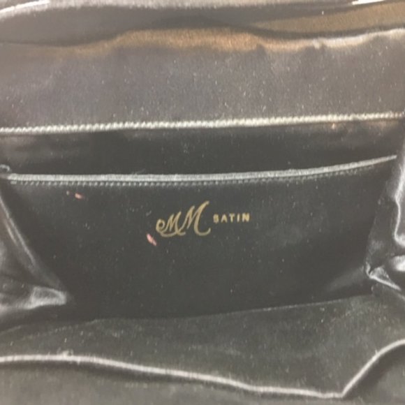 Vtg MM Morris Moskowitz Black Satin Evening Gold Rhinestone Fancy Clasp Purse - Picture 9 of 10